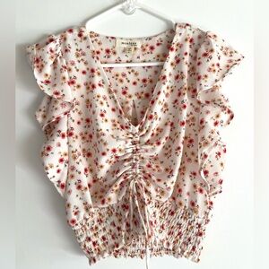 Floral Smocked Cropped Blouse Size S Ruffle Sleeve Top
